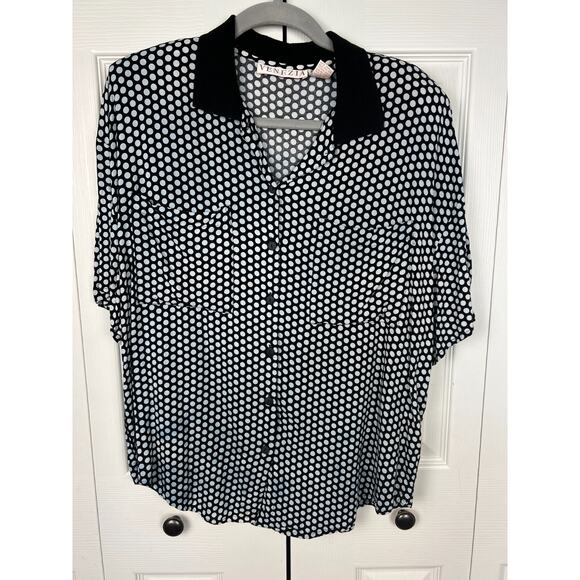 Vintage 80s Black and White collared button down polka dot rayon blouse 14/16 - Picture 6 of 7
